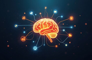 Obraz premium Glowing brain connects to icons for music, science, art, and internet. Represents interdisciplinary thinking, idea generation, and knowledge synthesis.