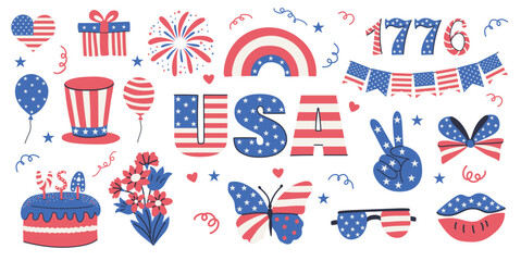 4th July festive vector set isolated on white background. 