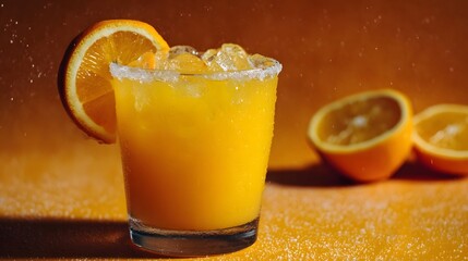 Fototapeta premium A refreshing orange beverage in a glass with a sugar rim and orange slice garnish
