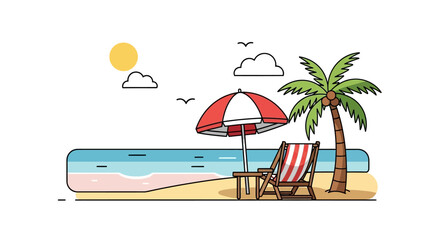 Beach scene with umbrella, chair, palm tree, and sun.
