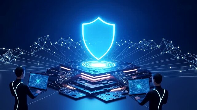 Digital security concept with two users analyzing data on laptops