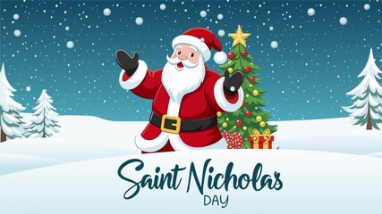 Nicholas Saint Day Christmas tree snow, art video illustration.