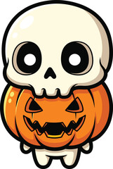 Halloween skeleton pumpkin t-shirt design, spooky cartoon character, cute skull illustration, festive apparel graphic, jack-o'-lantern body, chibi style