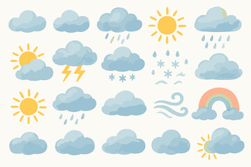 colorful icons representing various weather conditions. Each element is rendered in soft pastel colors, creating a friendly and decorative style for design or illustrations.