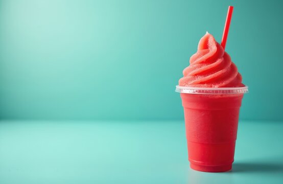 Red frozen slurpee drink in plastic cup with straw on blue green background. Cold sweet beverage with ice. Refreshing fruity slushy in transparent container. Summer cold treat for kids and adults.