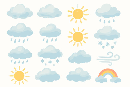 icons in soft colors (mainly blue and yellow tones). The theme focuses on weather conditions.