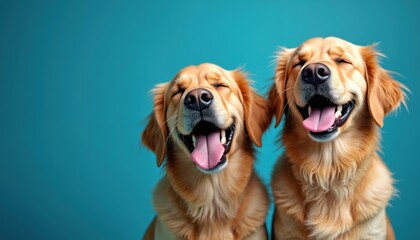 Two golden retriever dogs share pure joy with closed eyes, wide smiles against vibrant blue backdrop. Happy expressions convey warmth, excitement, perfect for celebrating friendship, pet