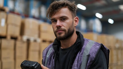 A warehouse worker with a scanner inspects packages in a large storage facility