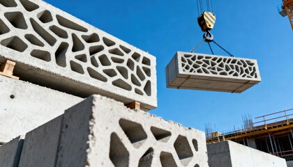 concrete elements being positioned by a crane at a construction site highlighting cuttingedge additive manufacturing for customizable building parts.