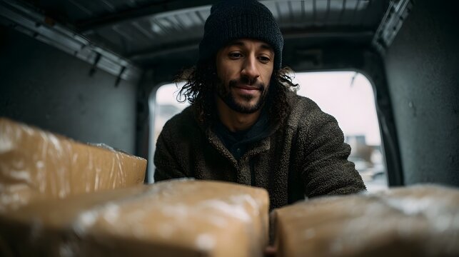 A focused man sorts packages inside the back of a delivery van