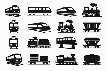 silhouettes of various types of trains and carriages. Passenger trains (electric and high-speed), steam locomotives, freight carriages (platforms, tankers, and open rolling stock), modern maglev train