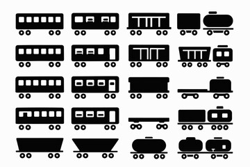 A set of railway carriage silhouettes. Passenger carriages with windows, freight carriages (including flatcars, tankers, and open rolling stock), carriages with doors and various designs.