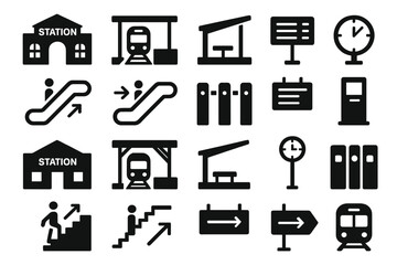 A set of icons related to railway stations and public transport.