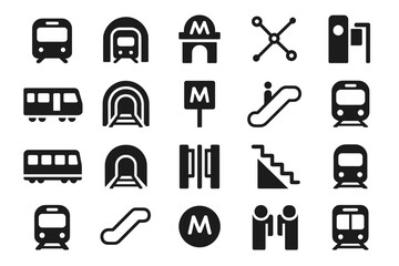 A set of icons related to public transport and station infrastructure.