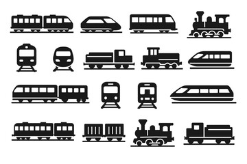 black-and-white silhouettes of trains, including various types: passenger trains, high-speed trains, freight cars, and locomotives.