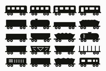 A set of black-and-white silhouettes of railway carriages. Among them are various types of carriages: passenger, freight, tankers, platforms for trees, and carriages for bulk materials.