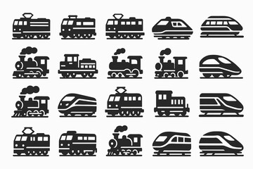 A collection of black-and-white silhouettes of trains, including both vintage steam locomotives and modern high-speed trains.