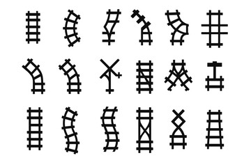 A set of icons representing various configurations of railroad tracks. All icons are designed in black and white.