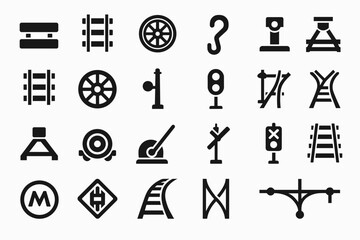 A set of icons representing various elements of railway themes and signaling. All icons are made in black and white style.