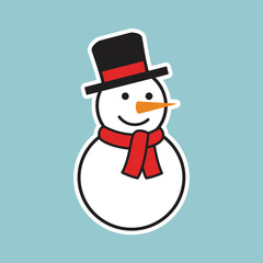 Illustration of a snowman wearing a black hat and a red scarf on a blue background.