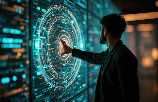 Man interacts with futuristic quantum computer interface. Touches screen with digital circuit board. Scientist works on advanced technology project in laboratory. Researcher analyzes complex data on