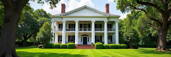 Antebellum Grandeur A Sprawling Southern Plantation House with Classic Columns, Lush Gardens, and Serene Veranda, Perfect for History, Architecture, Travel, and Real Estate Projects.