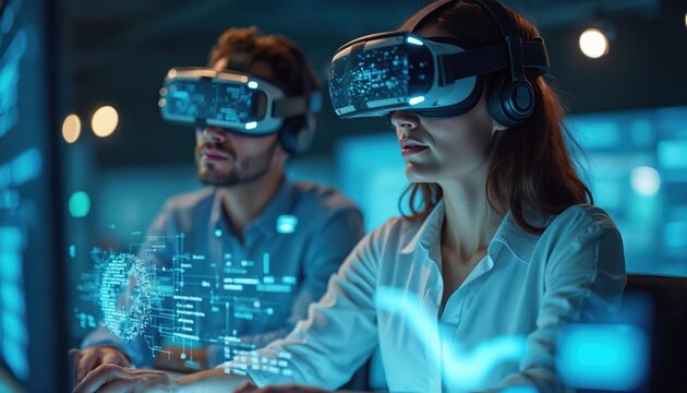 Two colleagues collaborate with virtual reality headset. Woman and man in office use VR glasses with digital interface. People work with futuristic tech in modern workspace.