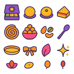 Diwali Desserts flat icons: mithai box, ladoo, peda, barfi slice, jalebi swirl, sweet bowl, nuts, spoon, tray, festive ribbon, flower petal, sparkle. , , High resolution, sharp