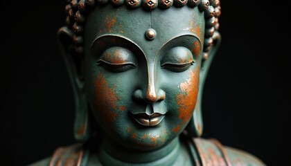 Close-up of ancient Buddha statue face with serene expression. Green and bronze textured patina on dark background. Peaceful spiritual sculpture symbol.