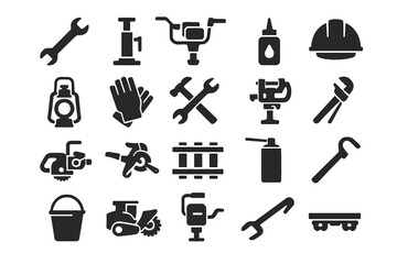 A set of icons related to construction, repair, and work equipment. Used to represent tools and equipment in construction and technical contexts.