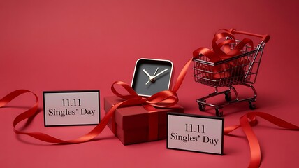 Singles’ Day 11.11 Shopping Scene with Red Gifts, Clock, and Bold Signage