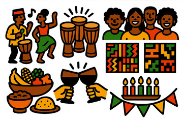 Kwanzaa Unity Community Celebration silhouette set: music and dance, drums circle, smiling crowd, kente cloth, food feast, unity cup toast, candles glowing, festive banner.