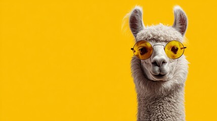 Fototapeta premium Hilarious llama wearing trendy yellow sunglasses against vibrant backdrop, perfect for quirky designs and playful marketing campaigns that demand attention