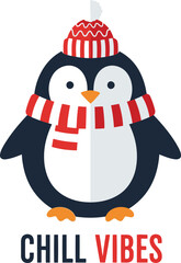 Cartoon penguin wearing a hat and scarf with the words 