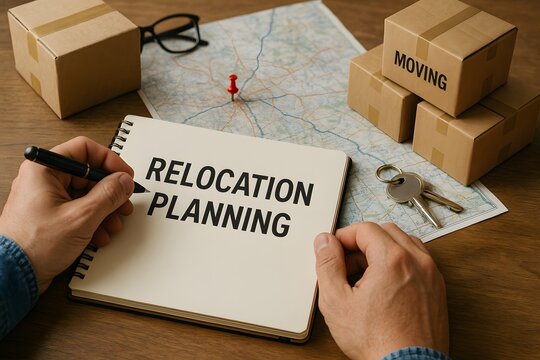 Relocation planning concept with moving boxes.