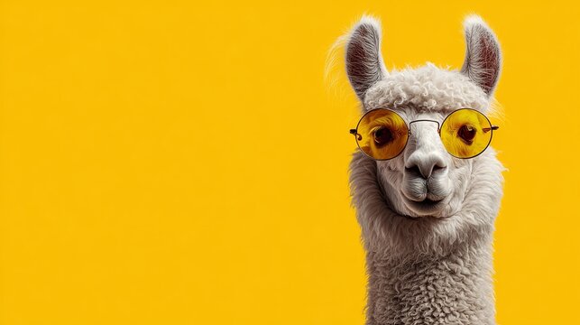Hilarious llama wearing trendy yellow sunglasses against vibrant backdrop, perfect for quirky designs and playful marketing campaigns that demand attention