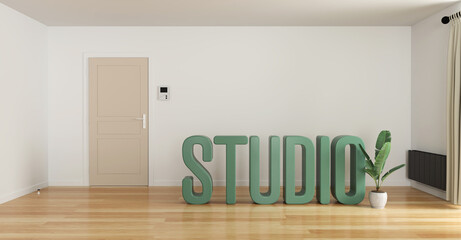 un studio neuf, vide, à vendre - texte 3D STUDIO - illustration 3D