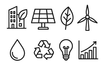 Sustainable Development outline icon set: eco building, solar panel, green leaf, wind turbine, water droplet, recycling symbol, light bulb, energy chart.