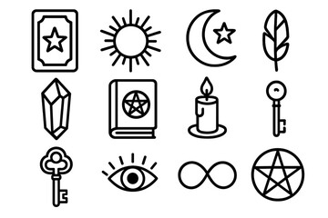 Mystic Guidance outline icon set: tarot card, sun, moon, star, crystal, book, candle, key, eye, feather, infinity loop, pentacle.