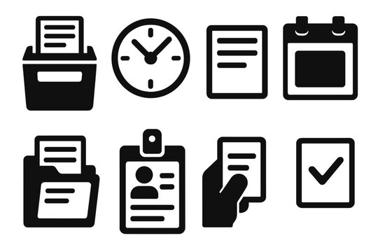 Time card basics silhouette set: punch card, clock face, card with lines, calendar page, folder with card, ID badge, hand holding card, checkmark on card.