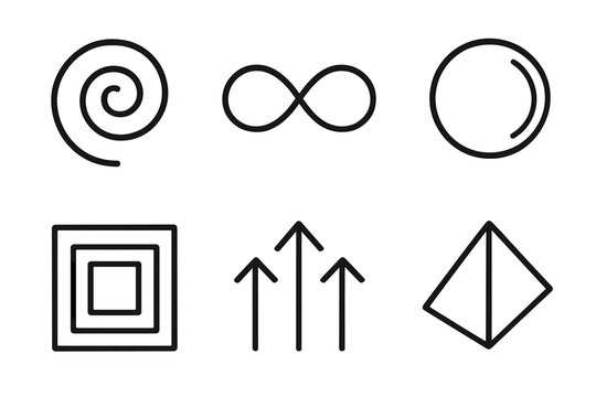 Abstract auto scaling outline icon set: spiral, infinity loop, gradient circle, concentric squares, arrows, prism.