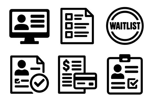 University Course Enrollment silhouette set: academic portal screen, course code list, semester schedule chart, waitlist badge, advisor approval icon, tuition payment form, ID