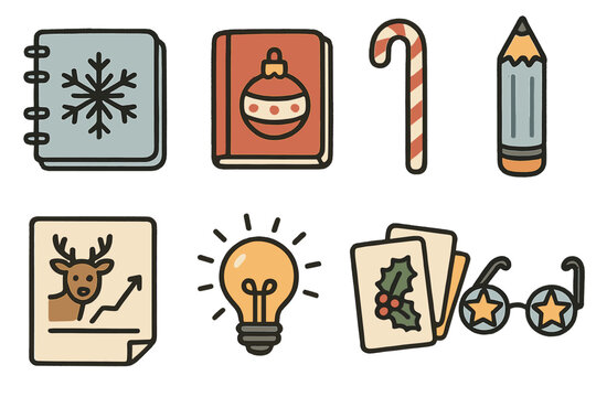 Festive Study Resources set of icons in doodle hand-drawn vector style: snowflake notebook, ornament textbook, candy cane bookmark, frosty pencil icon, reindeer study chart,