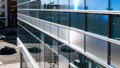 Medium shot highlighting reflective smart glass surfaces repelling heat and improving energy efficiency in a commercial building facade