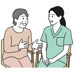 介護士と高齢女性が会話するケアサポートのイラスト