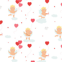 Seamless pattern for Valentine's Day. Cupid with arrows and a bow. Balloons