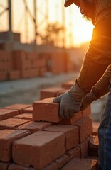 Fototapeta premium Man laying bricks on construction site. Worker builds wall with red bricks. Male bricklayer in gloves places brick on top of wall. Construction worker in hard hat, casual clothes on building site.