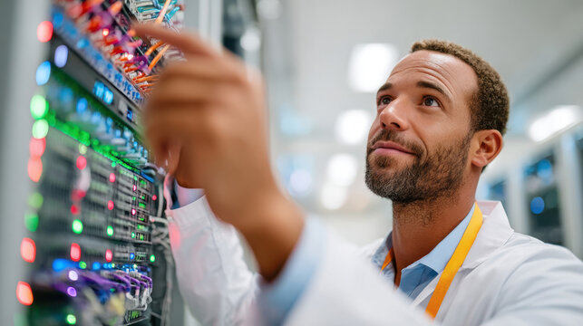 Technician adjusting server rack in data center