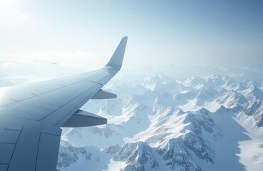 Fototapeta premium Airplane wing flying over snowy mountains. Aerial view of snow-capped peaks from plane window. White mountain range below aircraft in clear blue sky. Winter landscape seen from air travel.