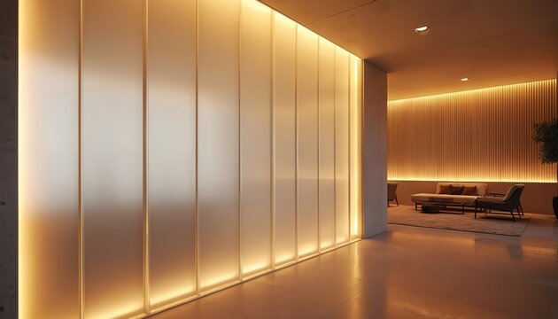 Modern hotel room with frosted glass wall panels backlit for warm glow. Luxurious interior design with sofa seating area, potted plants. Elegant minimalist decor with ambient lighting in living space.